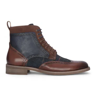 Justin Reess Men's Brown Leather Navy Tweed Oxford Shoes - Teddy In Brown