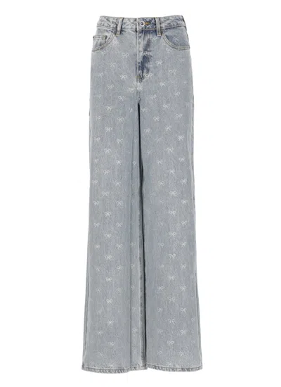 Self-portrait Light-blue Wide-leg Cotton Jeans With Bow In Blue