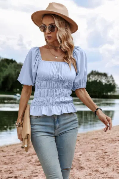 Truedames Solid Square Neck Shirred Flounce Sleeve Peplum Blouse In Blue