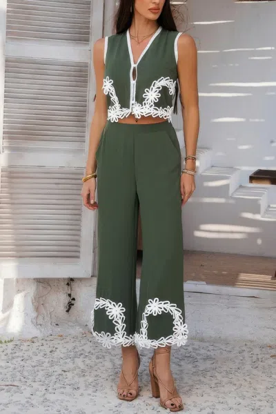 Truedames Two Pieces V Neck Button Lace Decorate Long Pants In Green