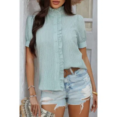 Truedames Strip Button Down Ruffle Hem Puff Short Sleeve Shirt In Green
