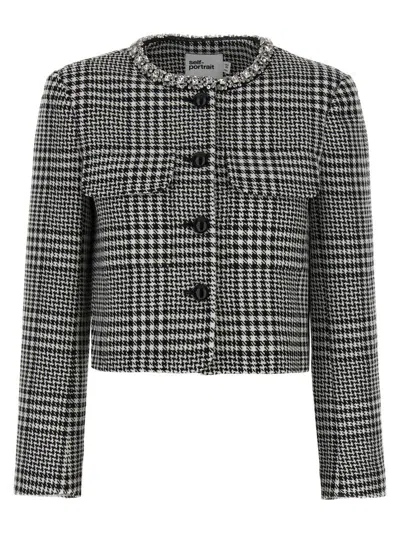 Self-portrait Houndstooth Crystal Trim Blazer In Black