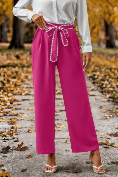 Truedames Straight Leg Elastic High Waist Lace Tie Trim Pant In Pink
