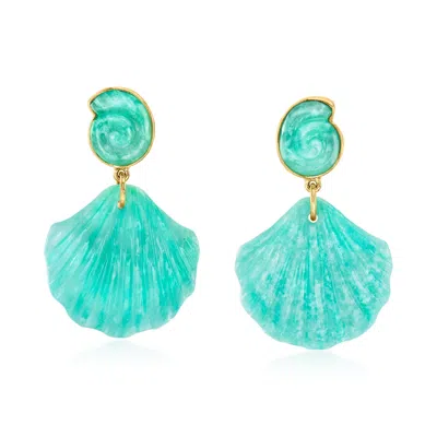 Ross-simons Carved Amazonite Seashell Drop Earrings In 18kt Gold Over Sterling In Multi
