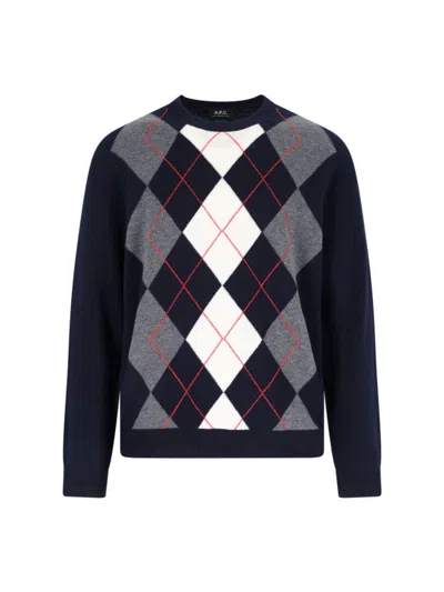 Apc A.p.c. Blue Check Pattern Virgin Wool Sweater In Black