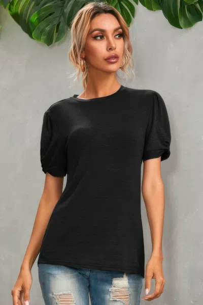 Truedames Solid Round Neck Puff Sleeve T-shirt In Black