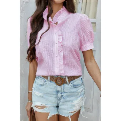 Truedames Strip Button Down Ruffle Hem Puff Short Sleeve Shirt In Pink