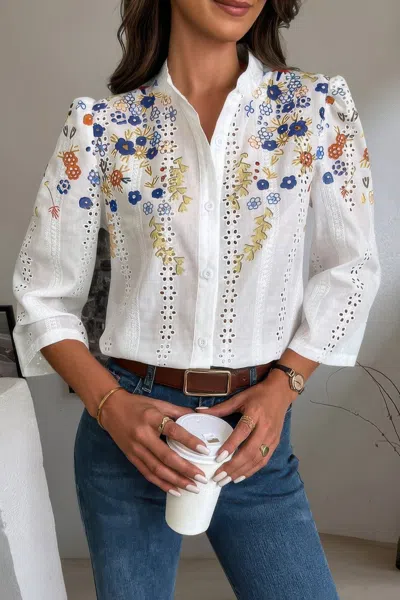 Truedames Floral Hollow Out Button Down Long Sleeve Blouse In Blue