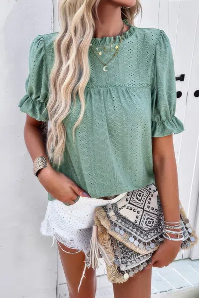 Truedames Round Neck Embroidery Ruffle Sleeve Loose Fit Shirt In Green