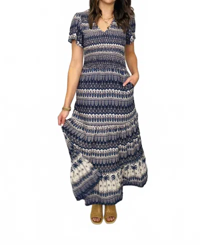 Tribal Ruched Top Maxi Dress In Scuba Blue In Multi