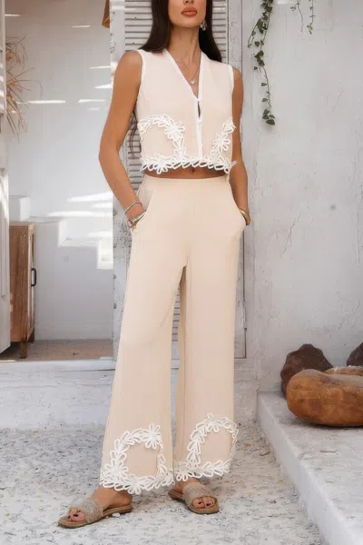 Truedames Two Pieces V Neck Button Lace Decorate Long Pants In Beige
