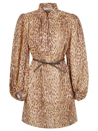 Zimmermann Cascadian Beige Tunic Dress With Stand-up Collar And All-over Leopard Print In Linen Woman In Brown