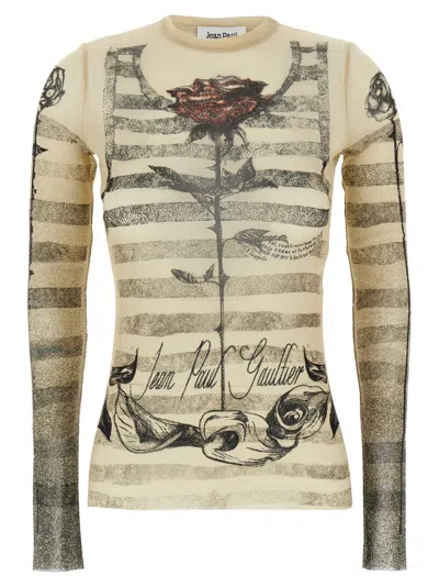 Jean Paul Gaultier Printed Stretch Tulle Top With Crew Neck In Multi