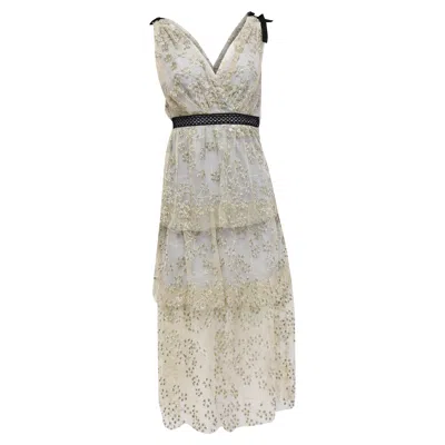 Self-portrait Lace Midi Dress With Beads Embroidery In Grey Polyester In Gray