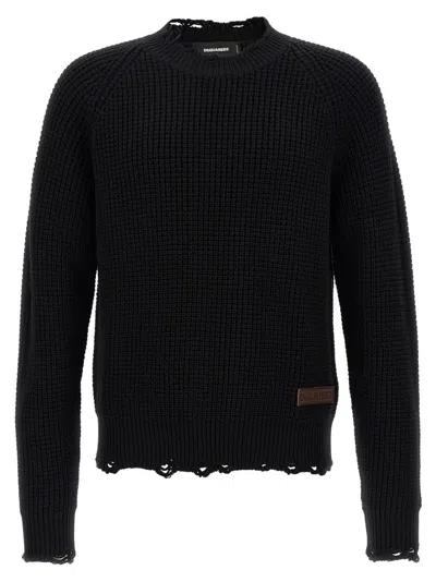 Dsquared2 Textured Knit Sweater With Raw Hem And Distressed Detailing In Black