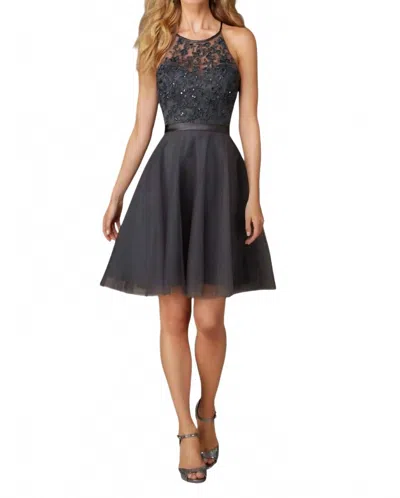 Tulle Affairs By Mori Lee Tulle Embroidered Beaded Satin Waist Cocktail Dress In Charcoal In Black