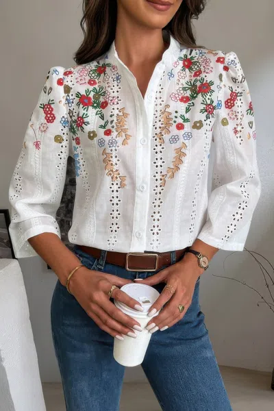 Truedames Floral Hollow Out Button Down Long Sleeve Blouse In Red