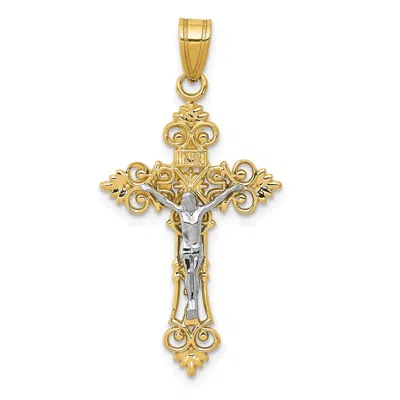 Diamond2deal 14k Two-tone Gold Medium Lacy-edge Inri Crucifix Pendant In Multi