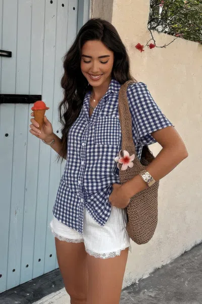 Truedames Plaid Short Sleeve Button Down Pocket Shirt In Blue