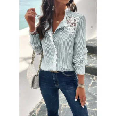 Truedames Colorblock Guipure Lace Insert Button Front Shirt In Green