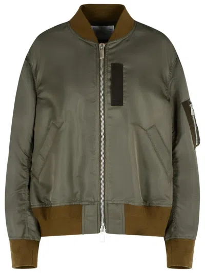 Sacai Bomber Jacket With Ribbed Cuffs And Pockets In Green