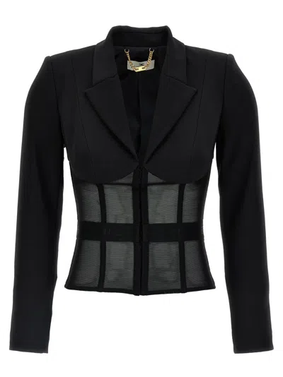Elisabetta Franchi Tailored Blazer With Sheer Tulle Panels In Black
