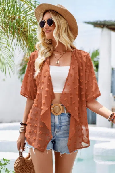 Truedames Draped Collar Swiss Dot Cover Up Cardigan Top In Brown