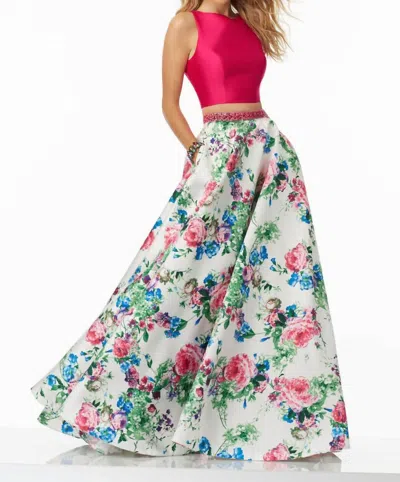Paparazzi By Mori Lee Two-piece Floral Printed Larissa Satin Ball Gown In Fuchsia/ White Floral In Animal Print