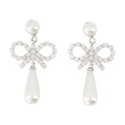 Self-portrait Pearl Bow Droplet Earrings - Silver - White In White