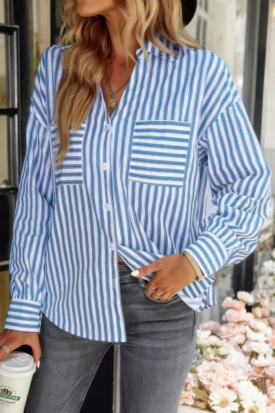 Truedames V Neck Striped Button Down Pocket Long Sleeve Blouse In Blue