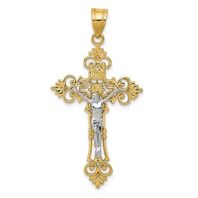 Diamond2deal 14k Two-tone Gold Large Lacy-edge Inri Crucifix Pendant In Multi