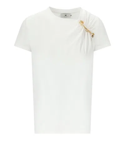 Elisabetta Franchi Asymmetric Neckline T-shirt With Gold Brooch Accents In White