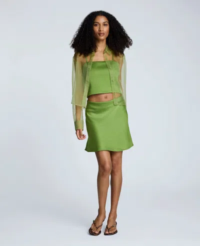 Kenneth Cole Womens Button Front Cropped Organza Shirt Cropped Satin Bustier Top Pull On Bias Cut Mini Skirt In Green