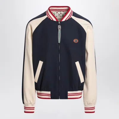 Valentino Blue/cream Bomber With Mixed Wool V Logo In Blue