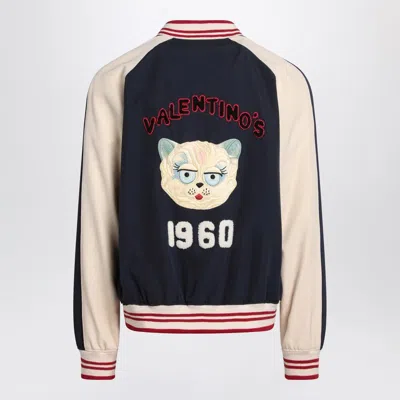 Valentino Blue/cream Bomber With Mixed Wool V Logo In Blue