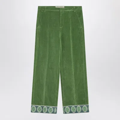 Valentino Washed Cotton-linen Velvet Trousers With Jacquard Hems In Green