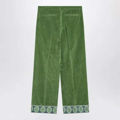 Valentino Washed Cotton-linen Velvet Trousers With Jacquard Hems In Green