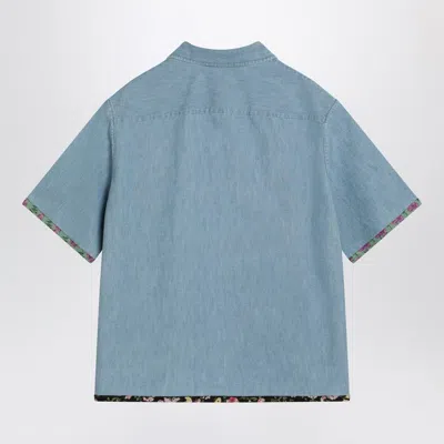Valentino Garavani Denim Bowling Shirt With Floral Trim In Blue