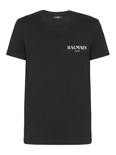 Balmain Black Crewneck T-shirt With Logo Print In Cotton Man