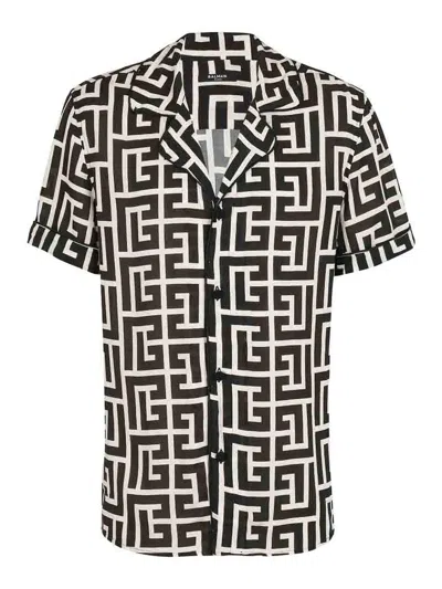 Balmain Monogram Printed Short-sleeved Shirt In Black