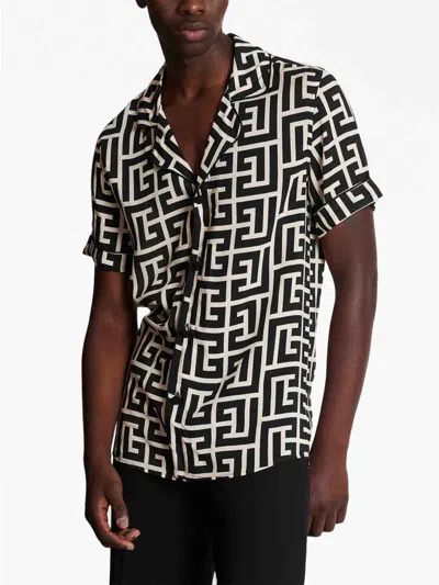 Balmain Monogram Printed Short-sleeved Shirt In Black