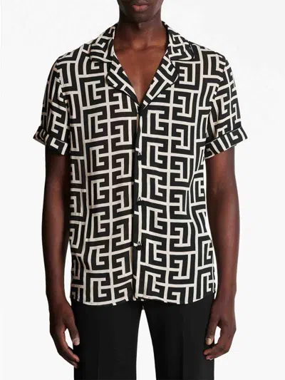 Balmain Monogram Printed Short-sleeved Shirt In Black
