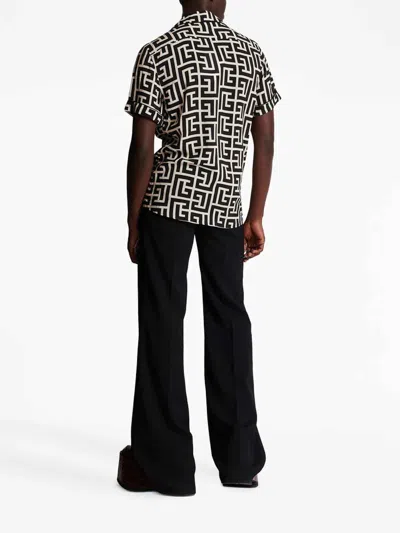 Balmain Monogram Printed Short-sleeved Shirt In Black