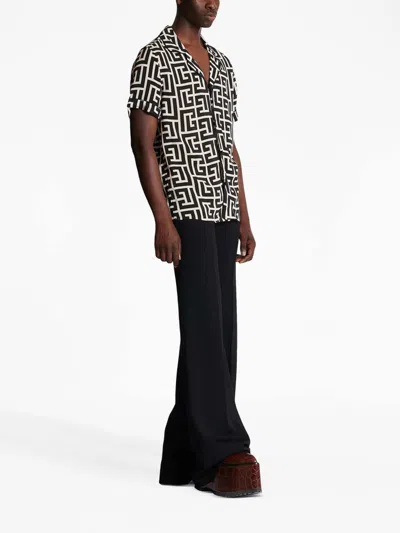 Balmain Monogram Printed Short-sleeved Shirt In Black