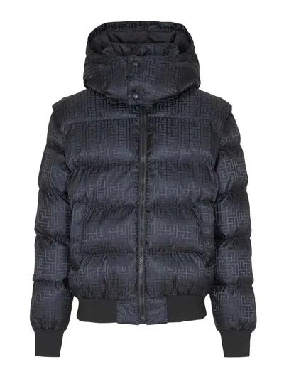 Balmain Short Nylon Jacquard Down Jacket With Black Monogram Men