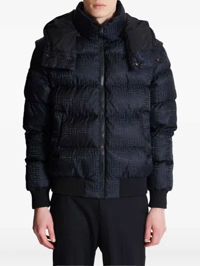 Balmain Short Nylon Jacquard Down Jacket With Black Monogram Men