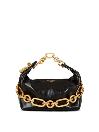 Balmain Sync Black Mini Handbag With Chain-link And Logo Plaque In Leather Woman In Black