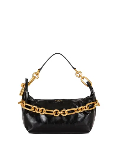 Balmain Sync Black Mini Handbag With Chain-link And Logo Plaque In Leather Woman In Black