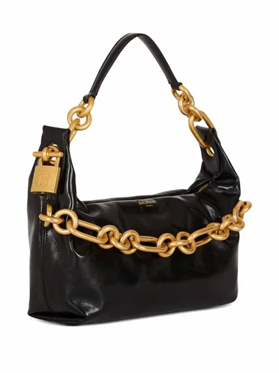 Balmain Sync Black Mini Handbag With Chain-link And Logo Plaque In Leather Woman In Black