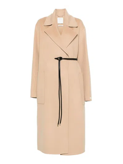 Sportmax Long Coat With Belted Waist And Pockets In Brown